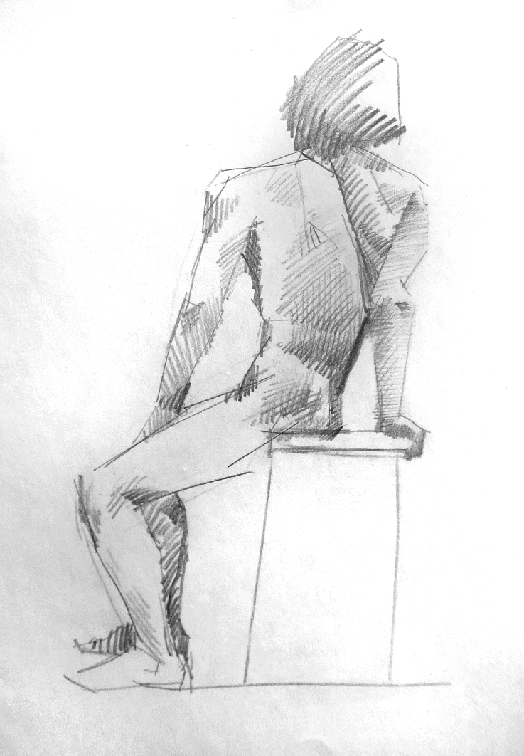 Turned away on stool